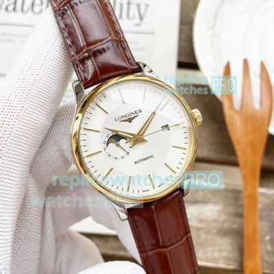 Replica Longines White Dial Gold Bezel Brown Leather Strap Men's Moonphase Watch 40mm 